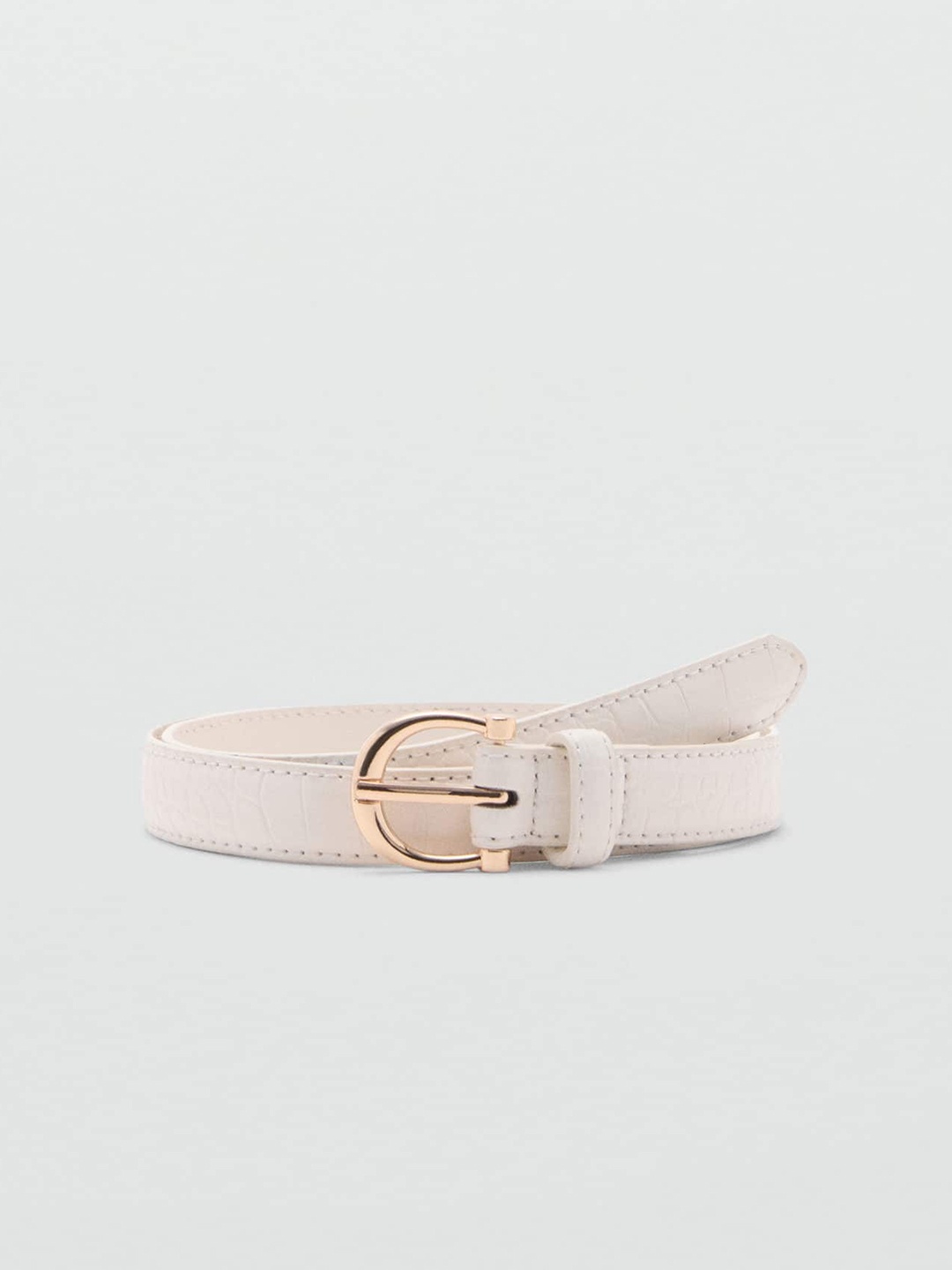 

MANGO Women Croc-Textured Buckled Slim Belt, Off white