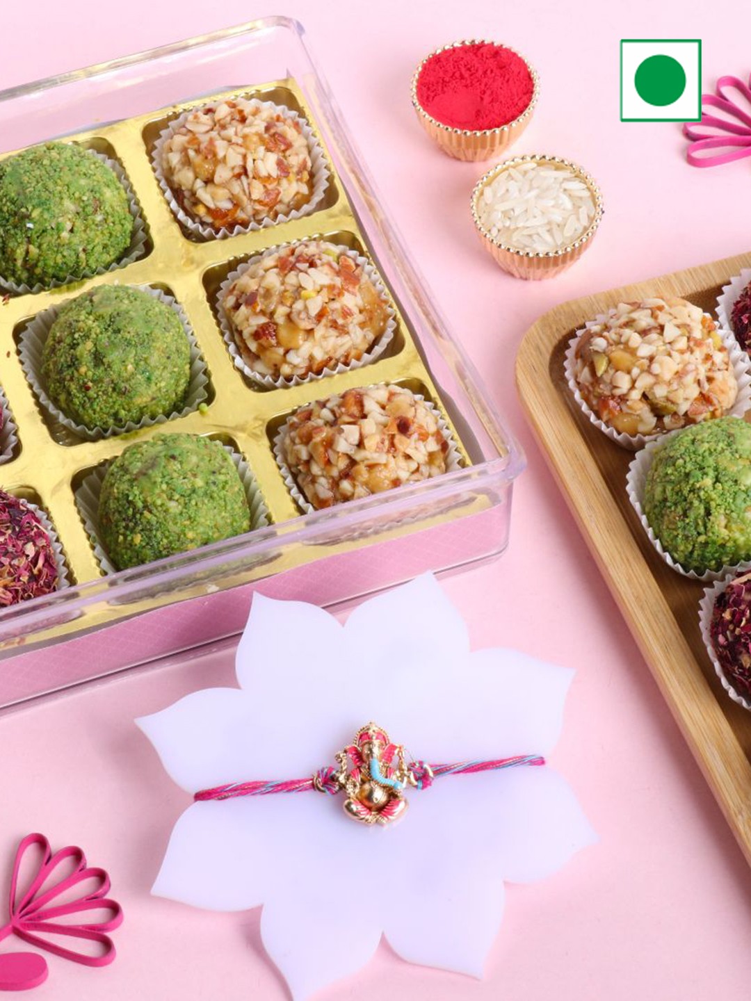 

Floweraura Set Of 1 Rakhis With 9Piece Mix Dryfruits Laddoo, Multi