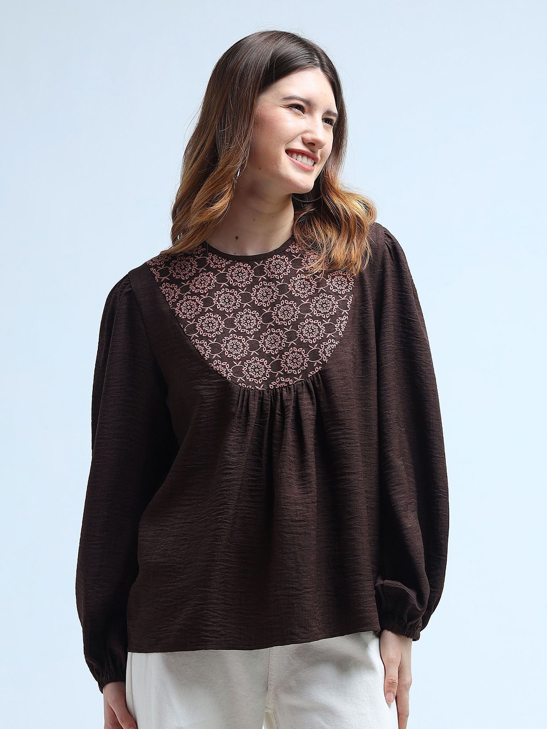

U.S. Polo Assn. Women Floral Printed Embroidered Round Neck Top, Brown