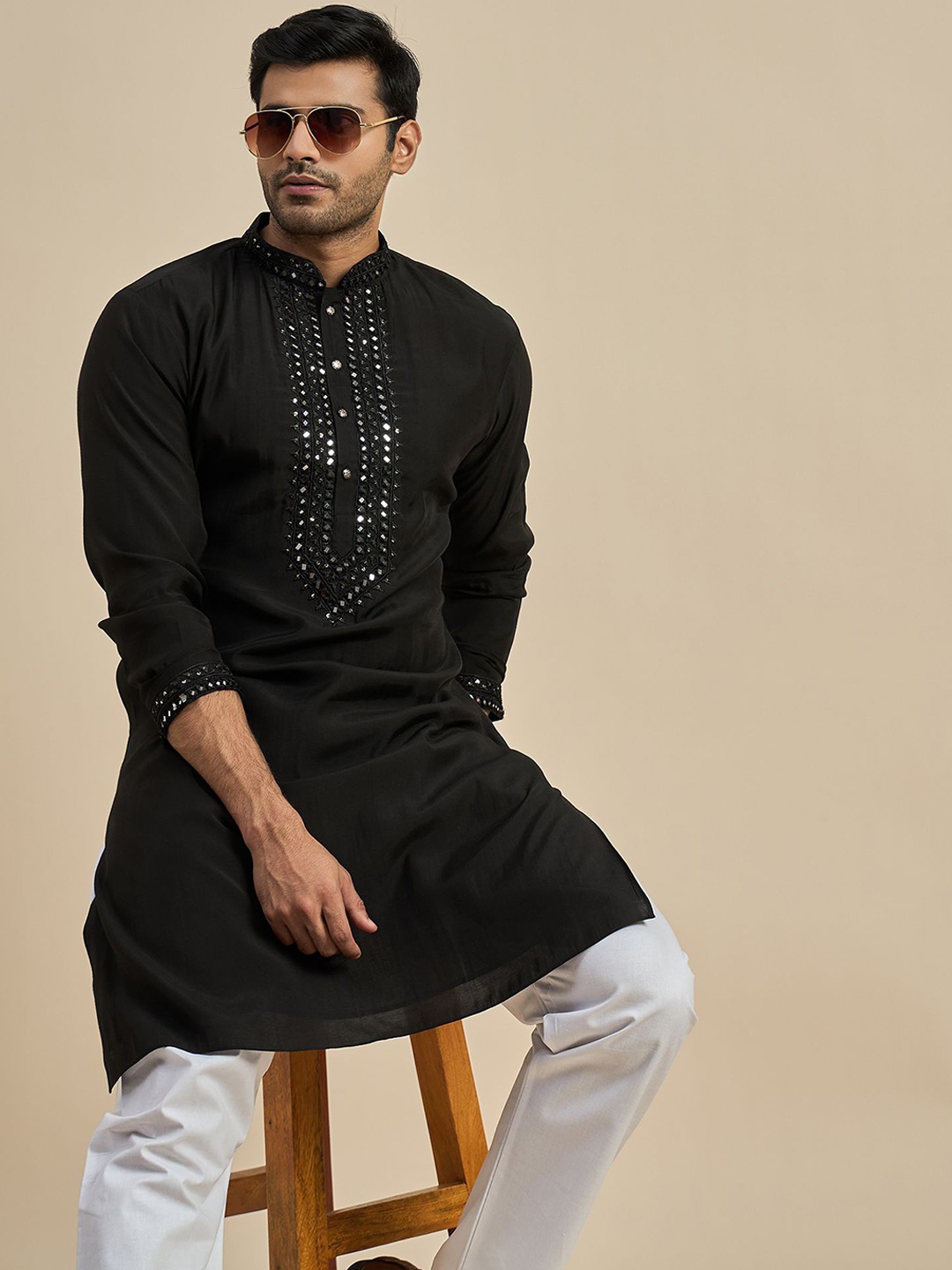 

Anouk Black Mandarin Collar Mirror Work Straight kurta