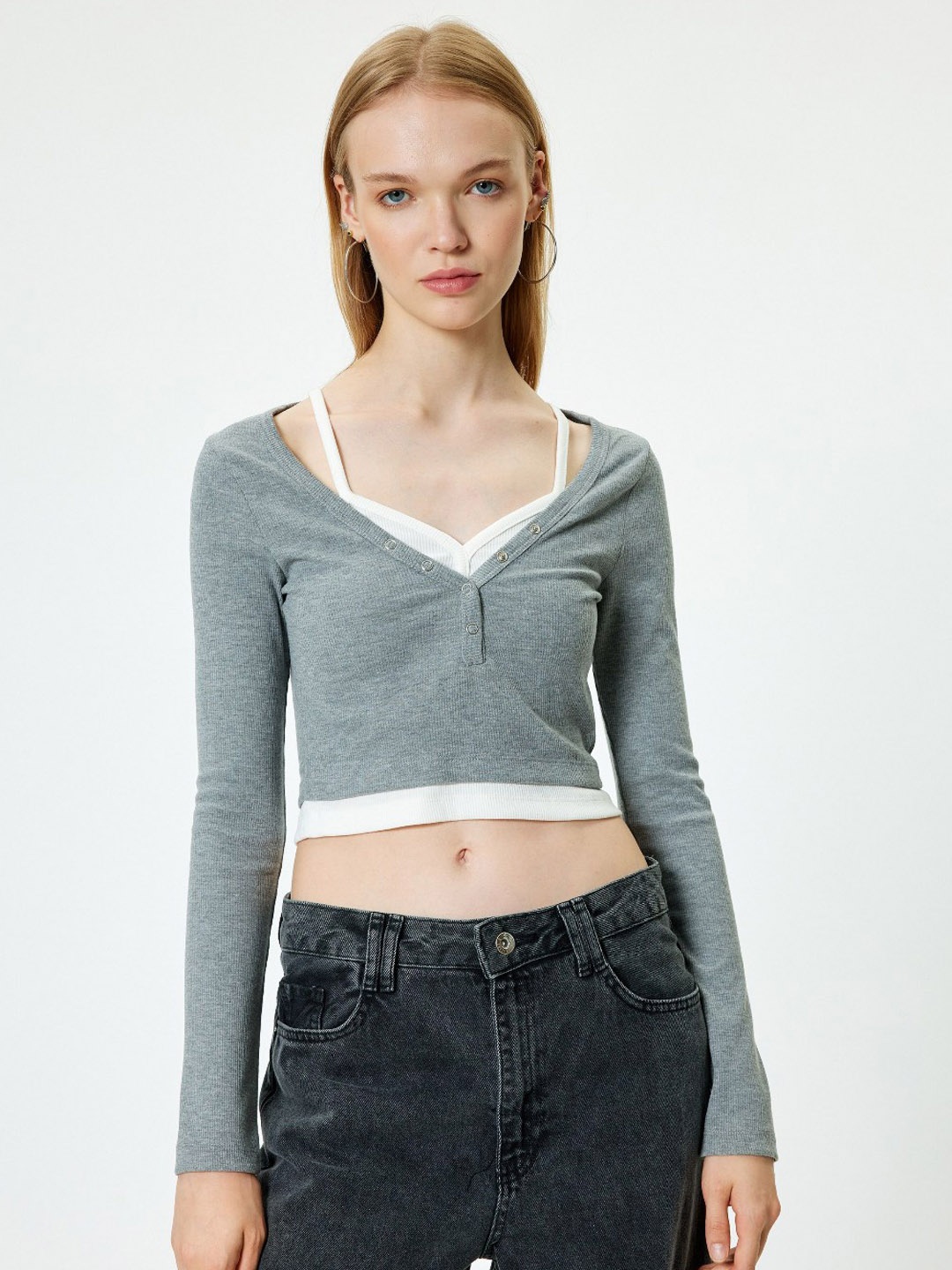 

Koton Women Striped V-Neck Pockets T-shirt, Grey
