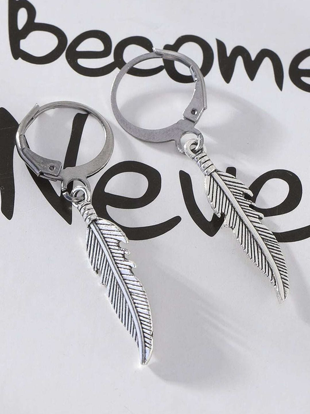 

KRENOZ Men Stainless Steel Clip On Punk Feather Hoop Earring, Silver