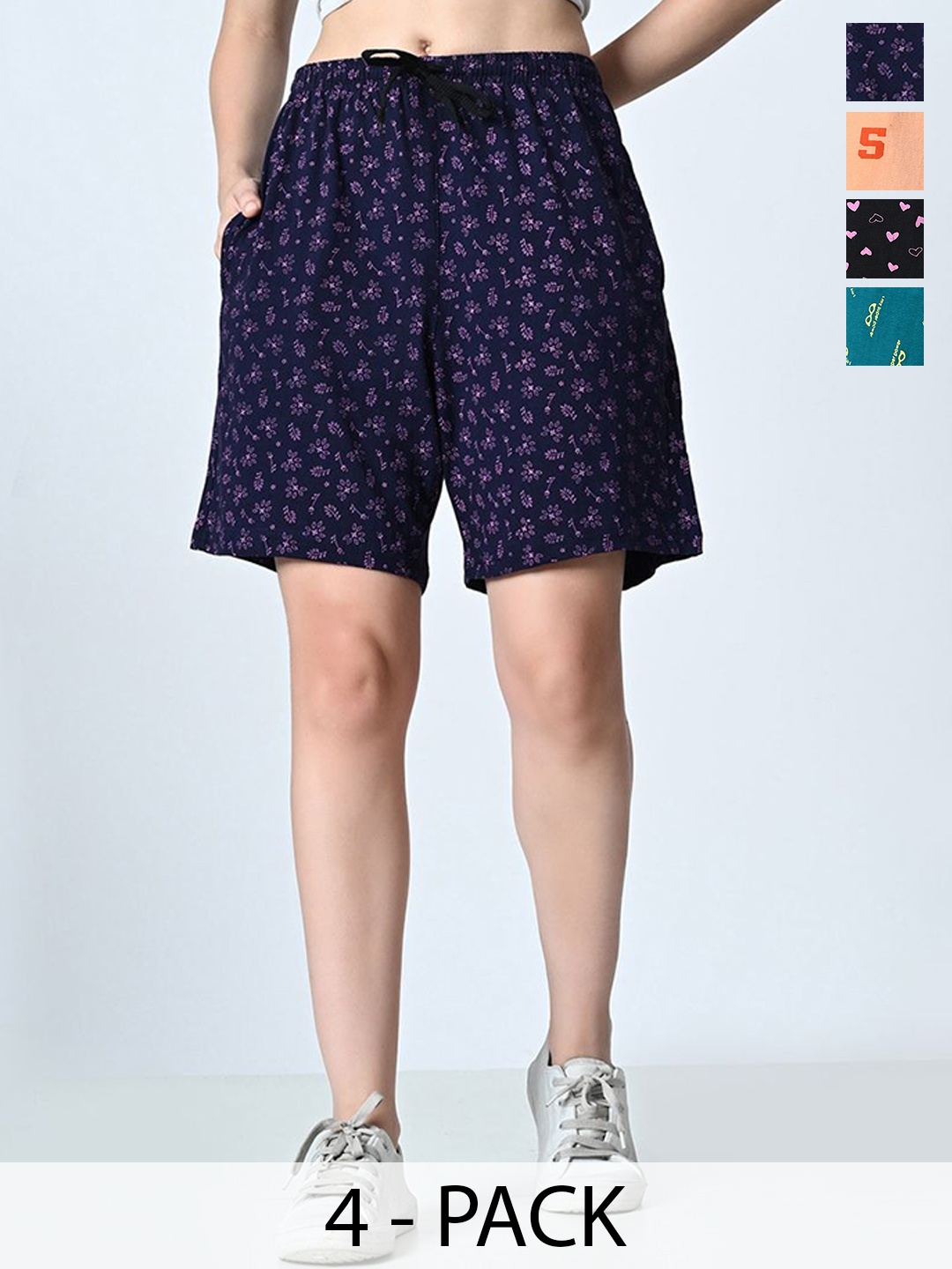 

BAESD Women Pack Of 4 Cotton Printed High-Rise Shorts, Black