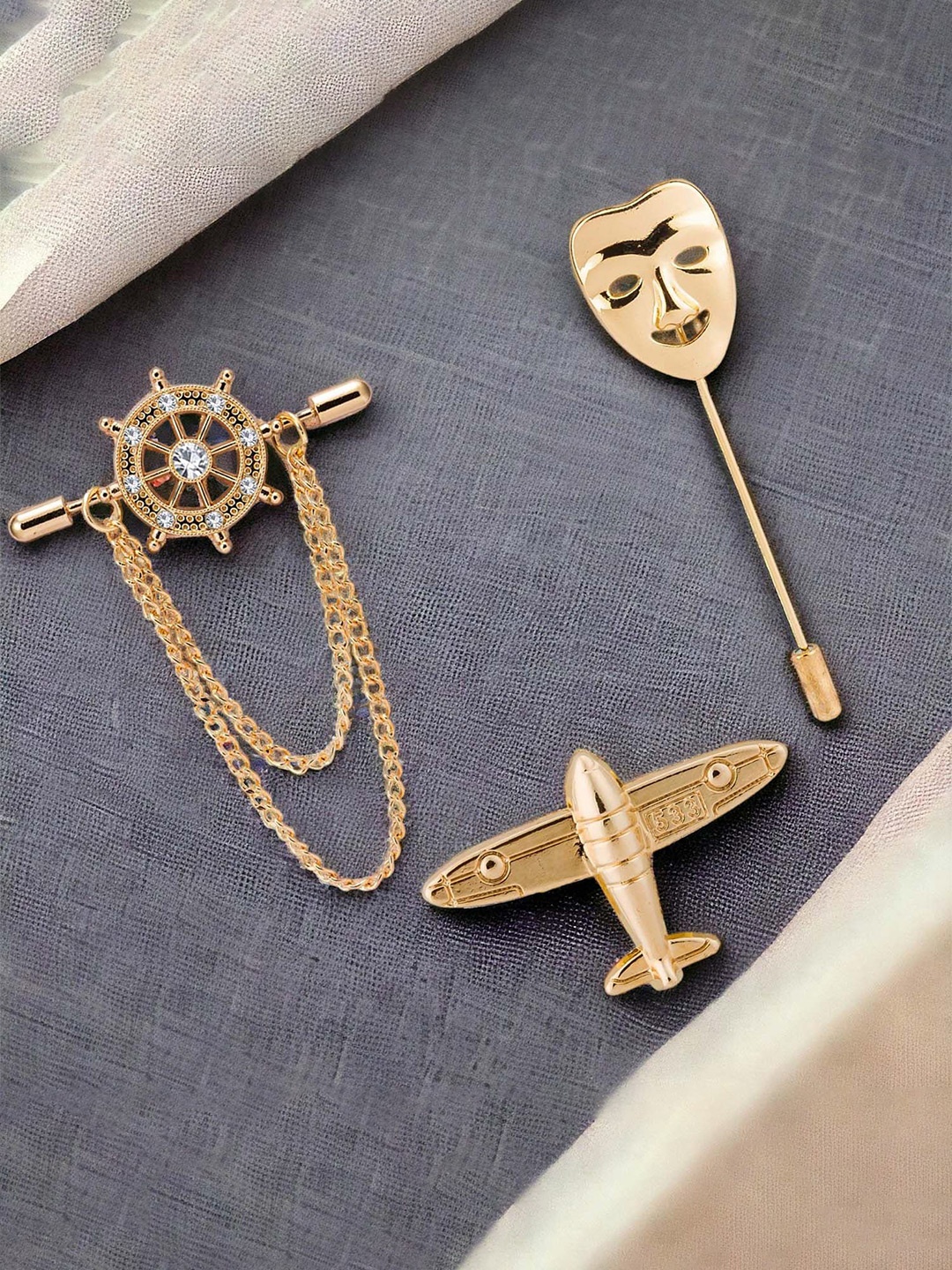 

Okos Set Of 3 Men Rose Gold-Plated Crystal Lapel Pin Brooch