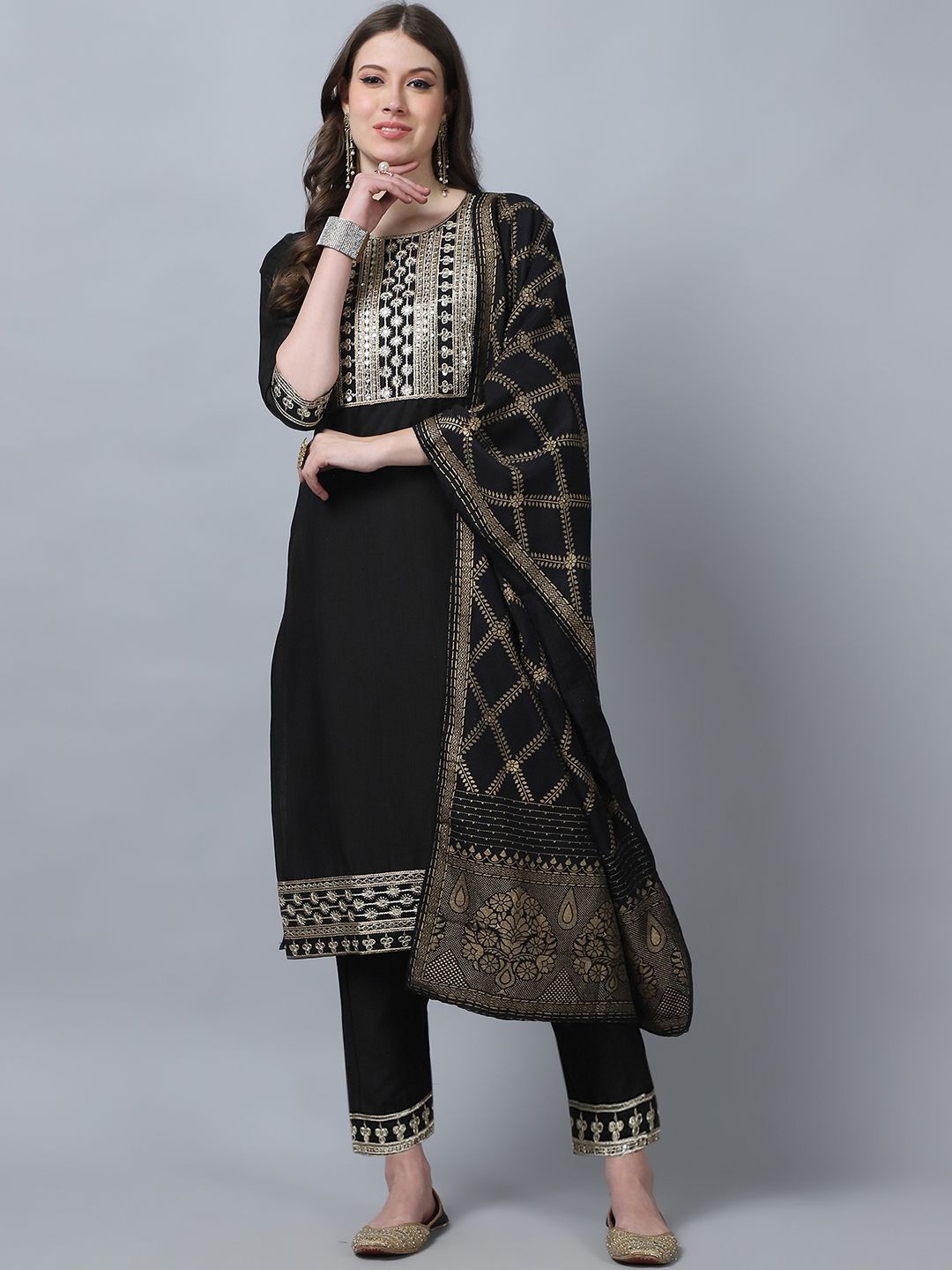 

KALINI Floral Embroidered Sequinned Pure Silk Kurta with Trousers & Dupatta, Black