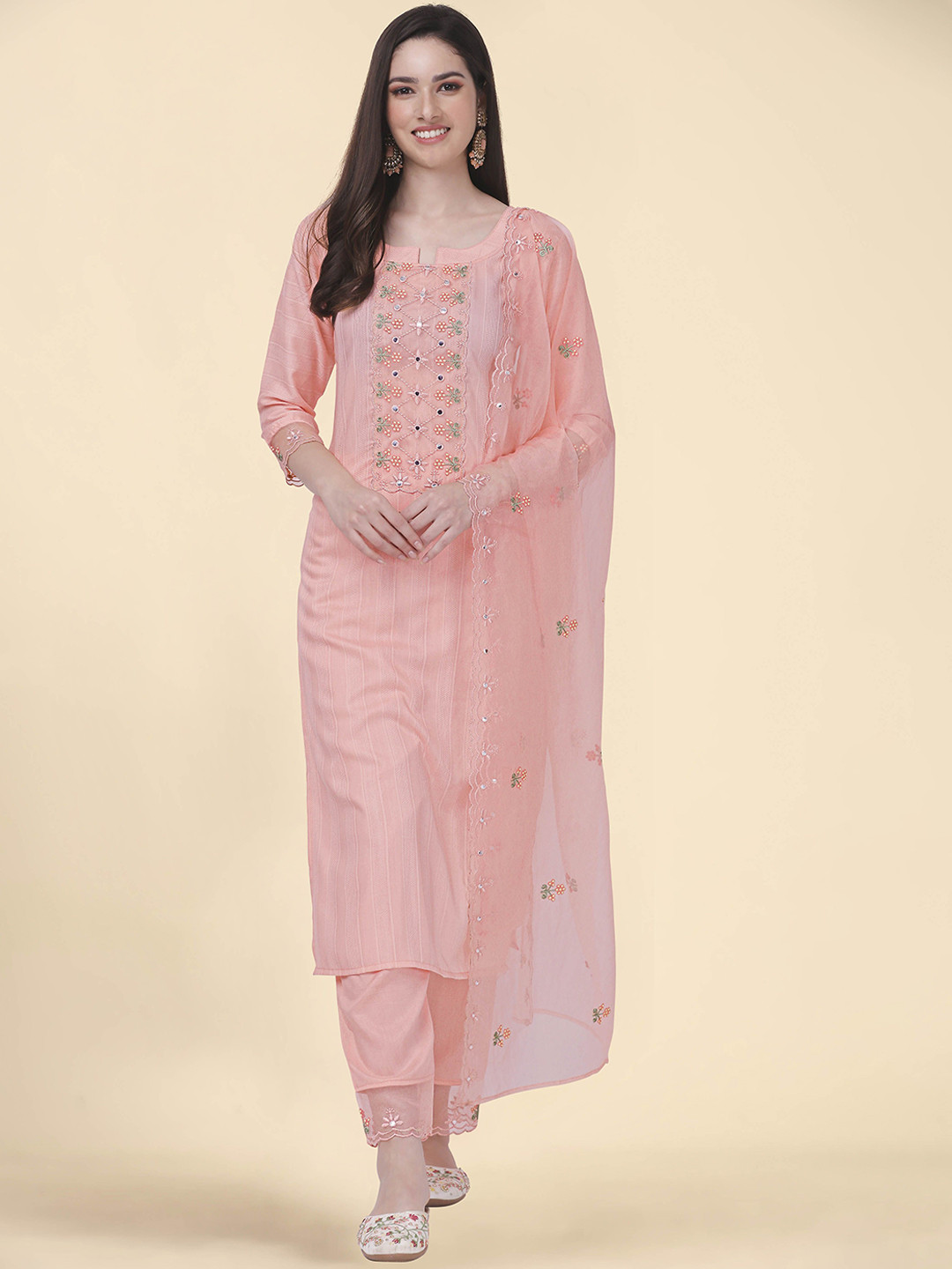 

Trendmalls Striped Mirror Work Cotton Silk Straight Kurta With Trousers & Dupatta, Pink