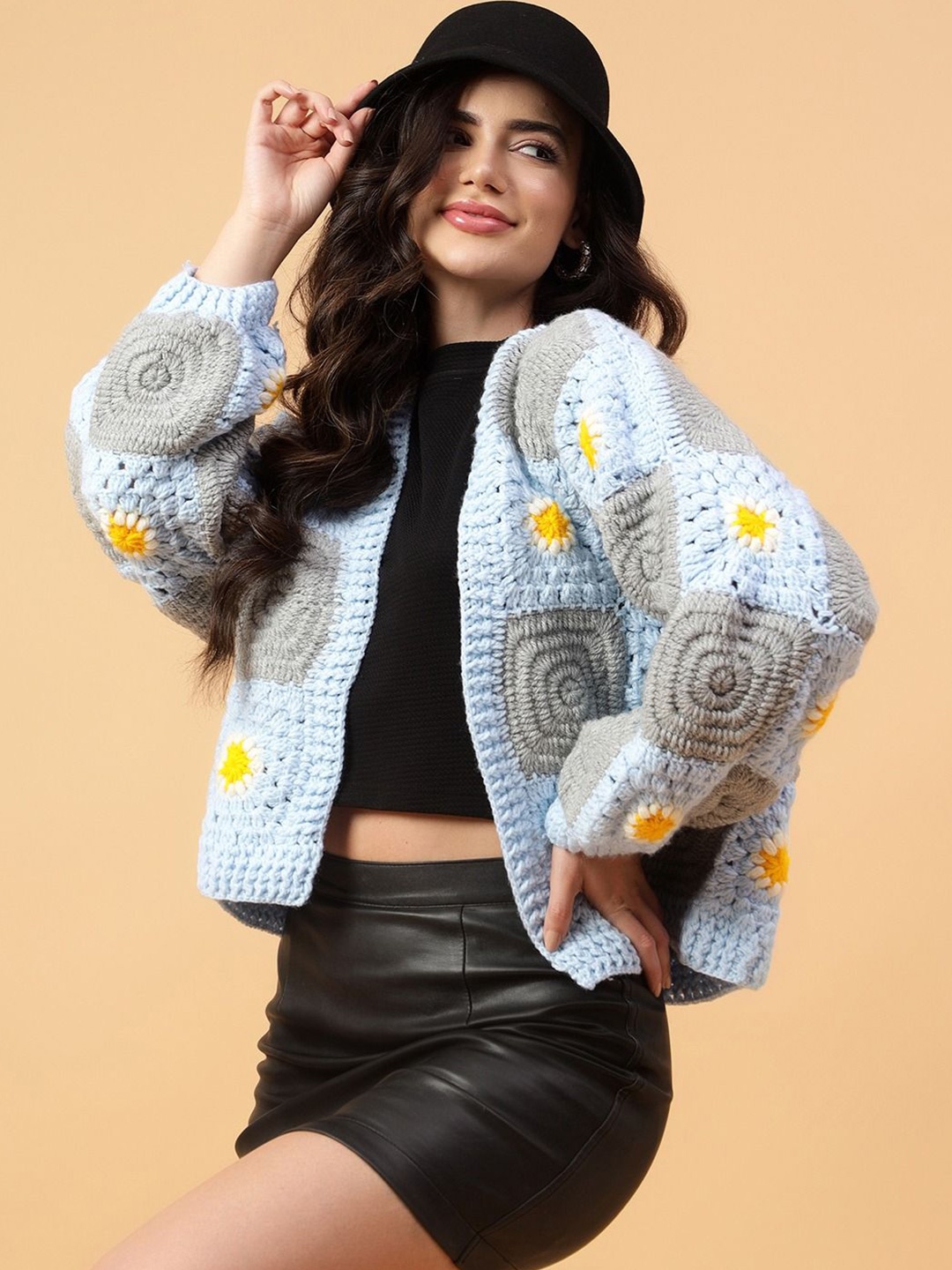 

Velvery Women Floral Cardigan with Applique Detail, Blue