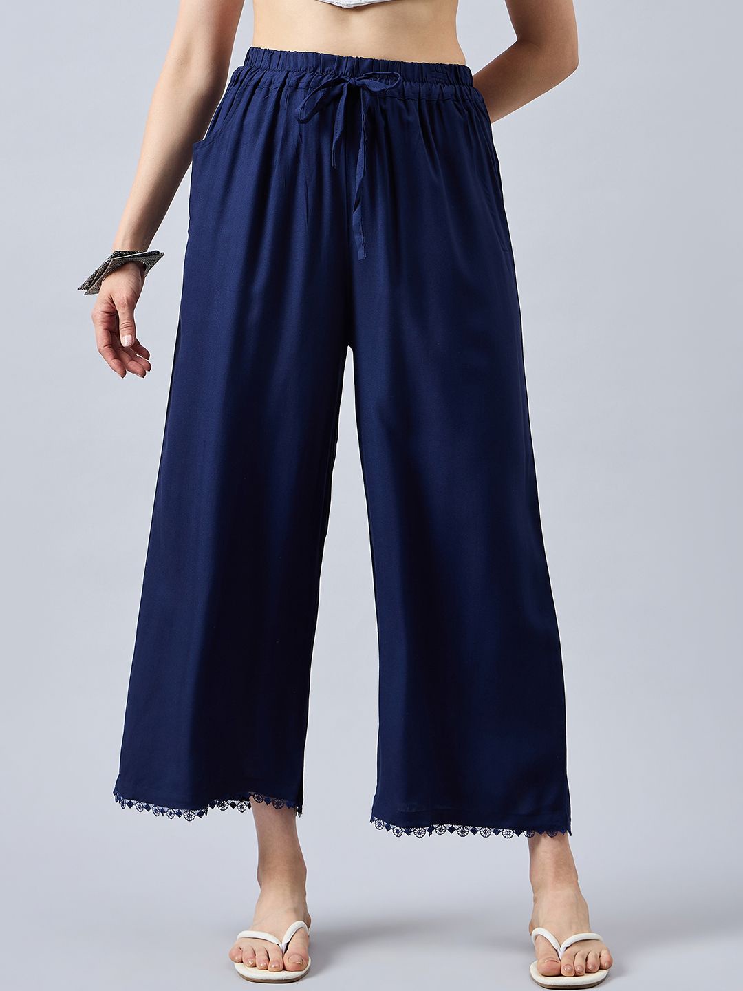 

THE PAJAMA FACTORY Women Lace Border Solid Palazzos, Navy blue