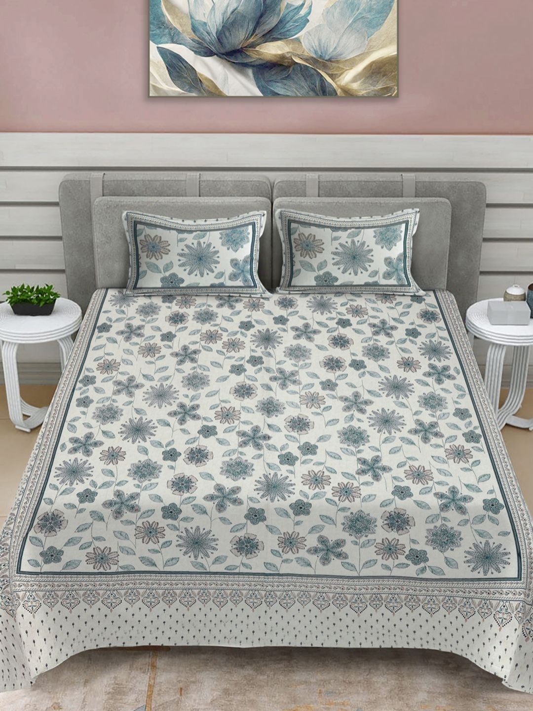 

FABINALIV Cream & Blue Floral Print Pure Cotton King Size Bedsheet & 2 Pillow Covers