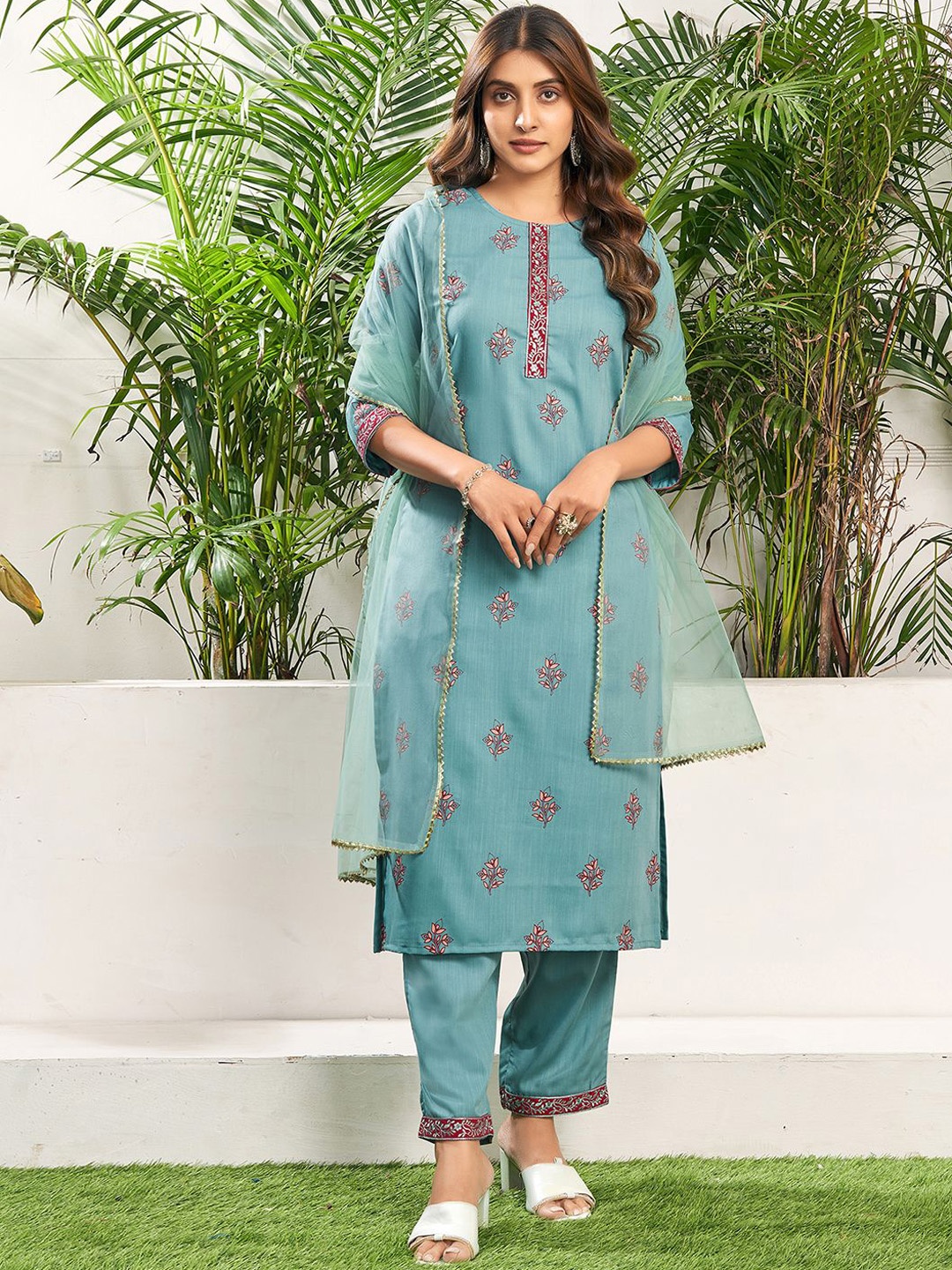 

KALINI Ethnic Motifs Printed Straight Kurta with Trousers & With Dupatta, Blue