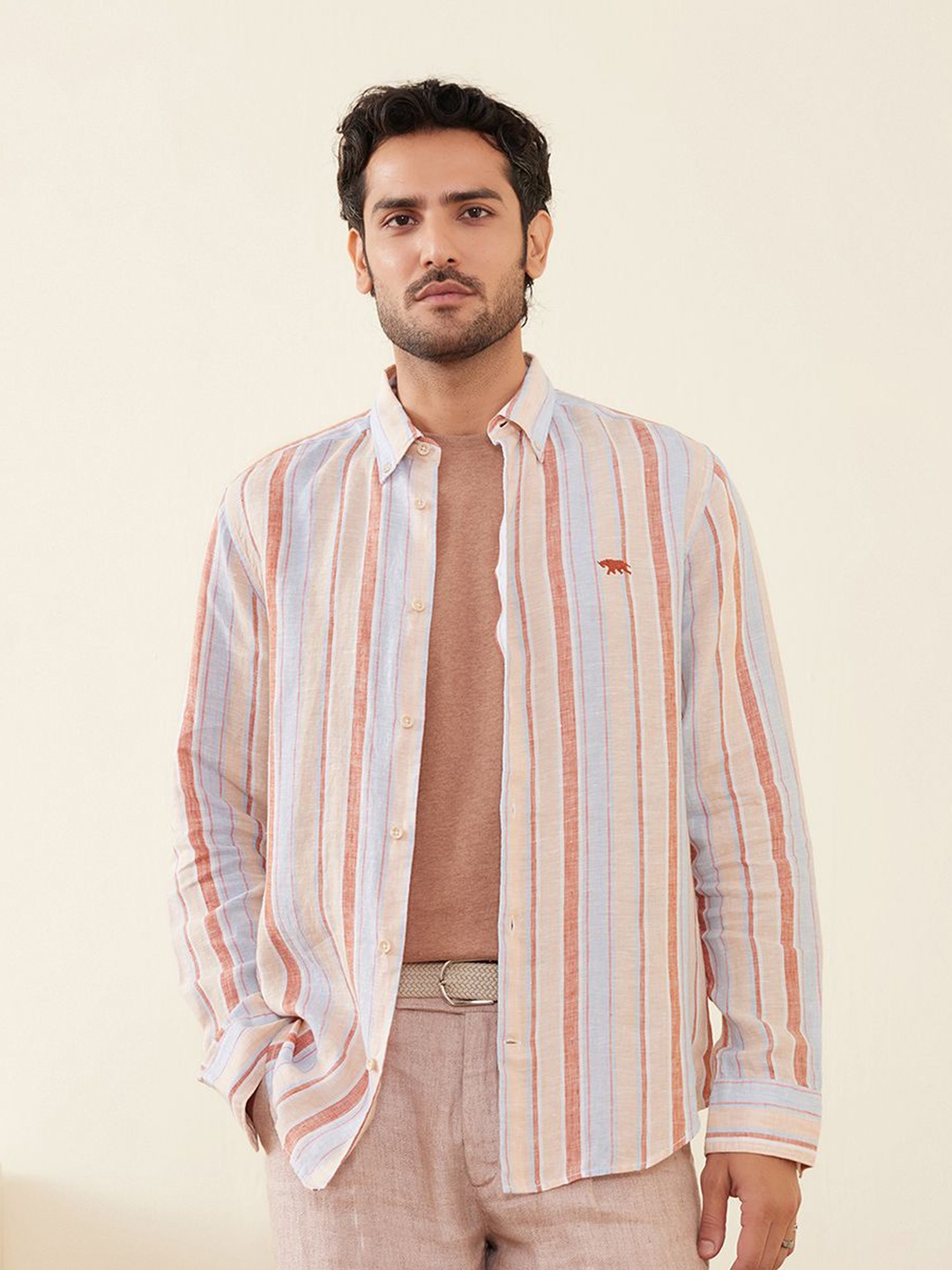 

Andamen Casual Men Striped Button-Down Collar Casual Shirt, Pink