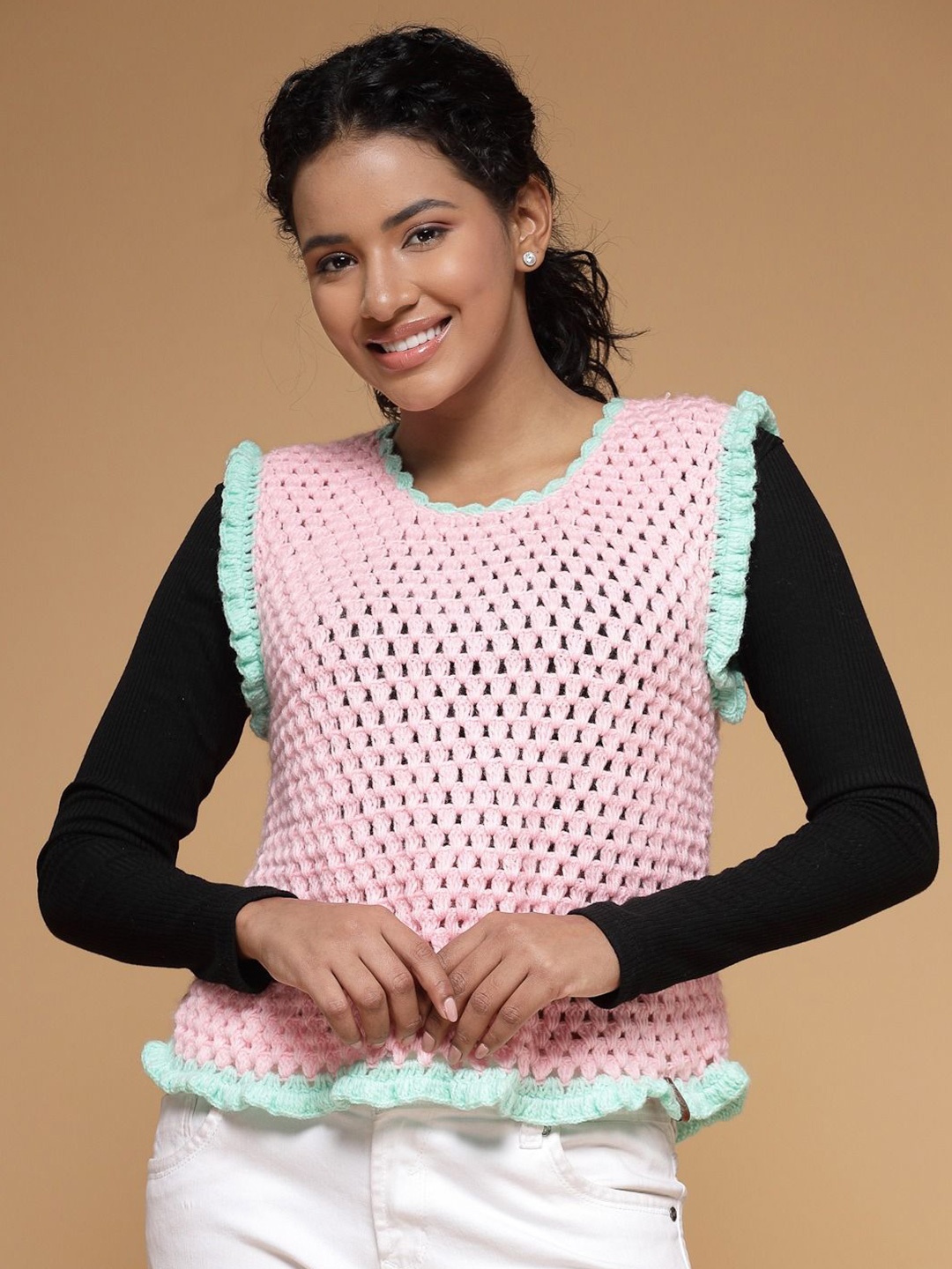 

Velvery Women Sweater Vest with Applique Detail, Pink