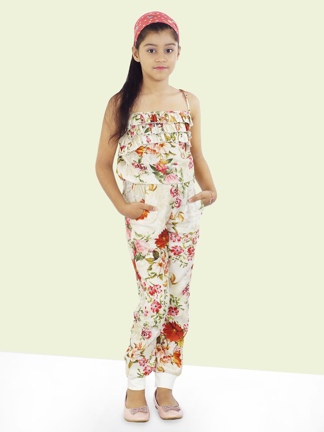 

Naughty Ninos Girls Shoulder Strap Basic Floral Jumpsuit with Ruffles, Off white