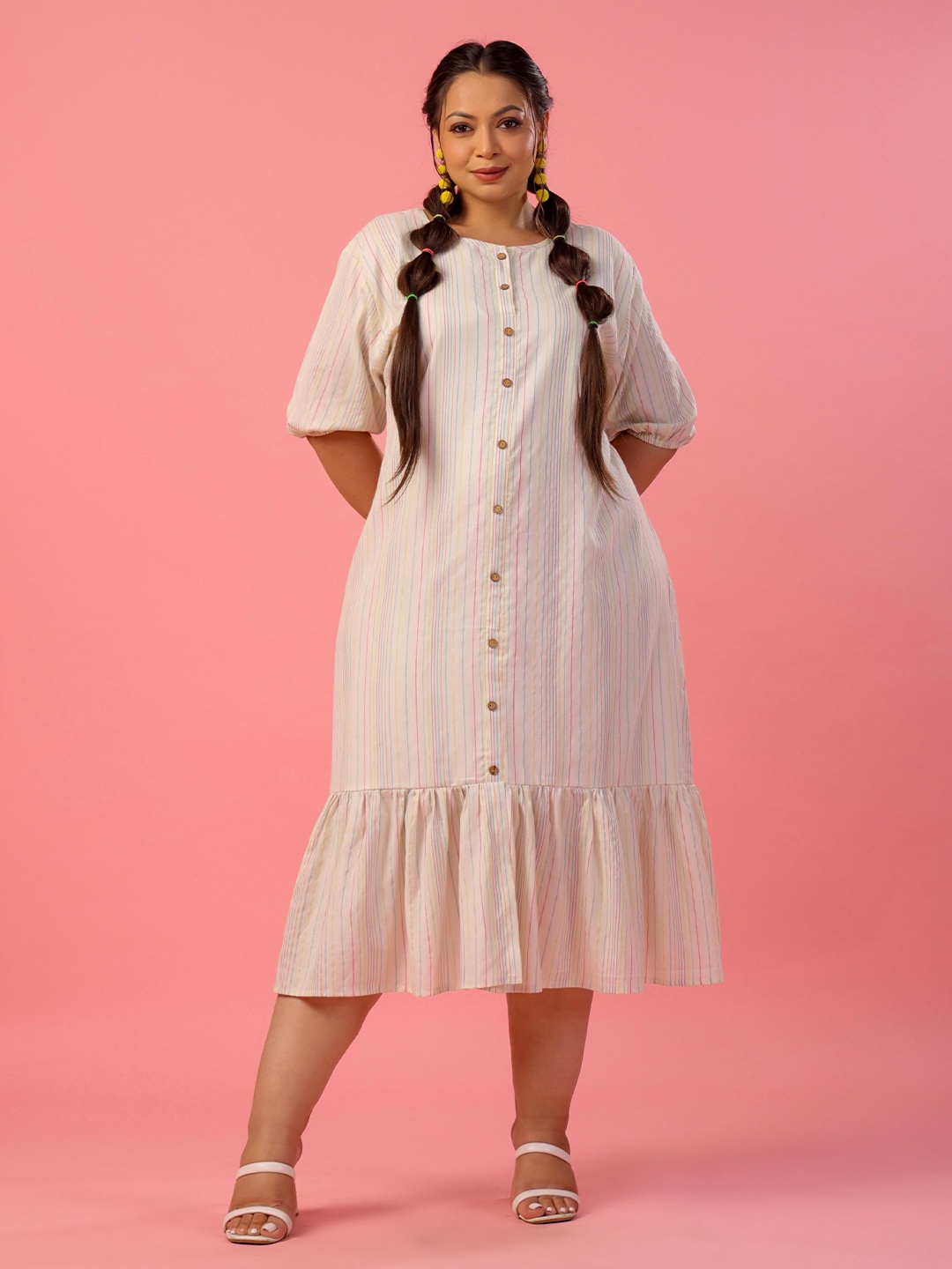 

LALI JAIPUR Plus Size Striped A-Line Midi Dress, Cream