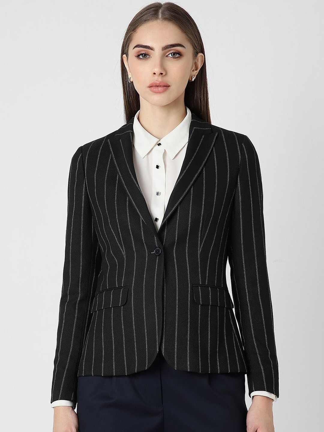 

Van Heusen Woman Stiped Single-Breasted Blazer, Black