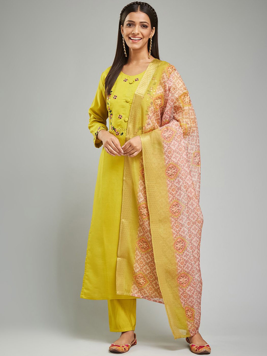 

KALINI Floral Embroidered Chanderi Silk Kurta with Trousers & Dupatta, Lime green