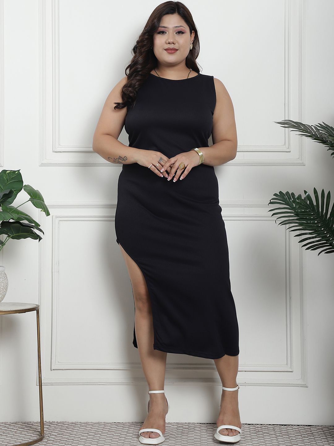 

thkgrlz Plus Size Sleeveless Sheath Midi Dress, Black