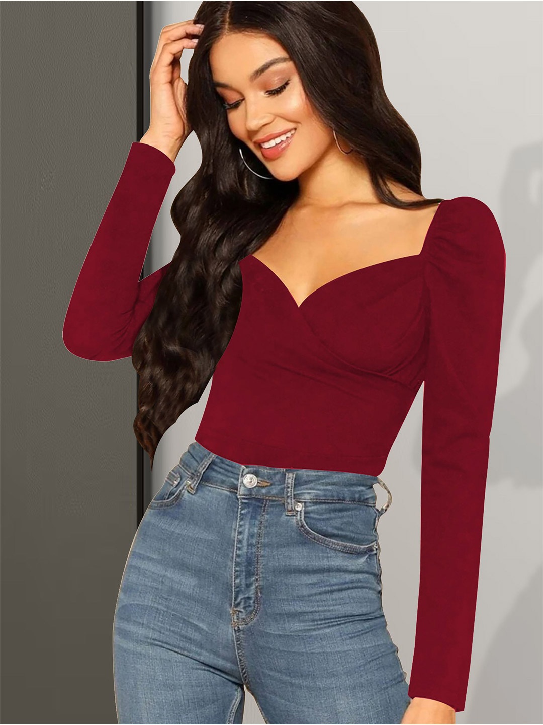 

Dream Beauty Fashion Women Solid Sweetheart Neck Top, Maroon
