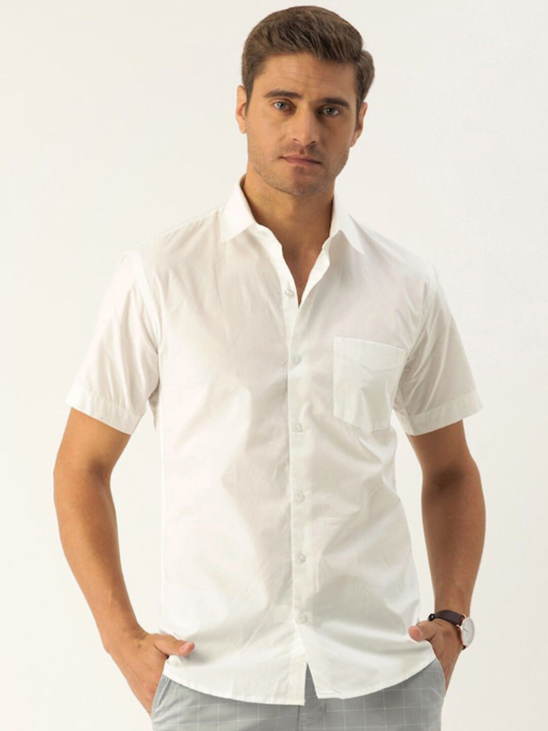 

Hancock Men Comfort Spread Collar Solid Cotton Slim Fit Casual Shirt, White
