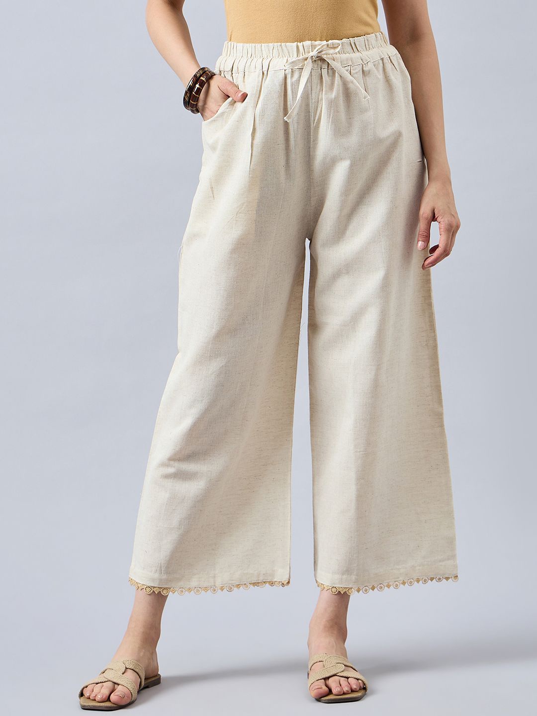 

THE PAJAMA FACTORY Women Embroidered Palazzos With Lace Detail, Off white