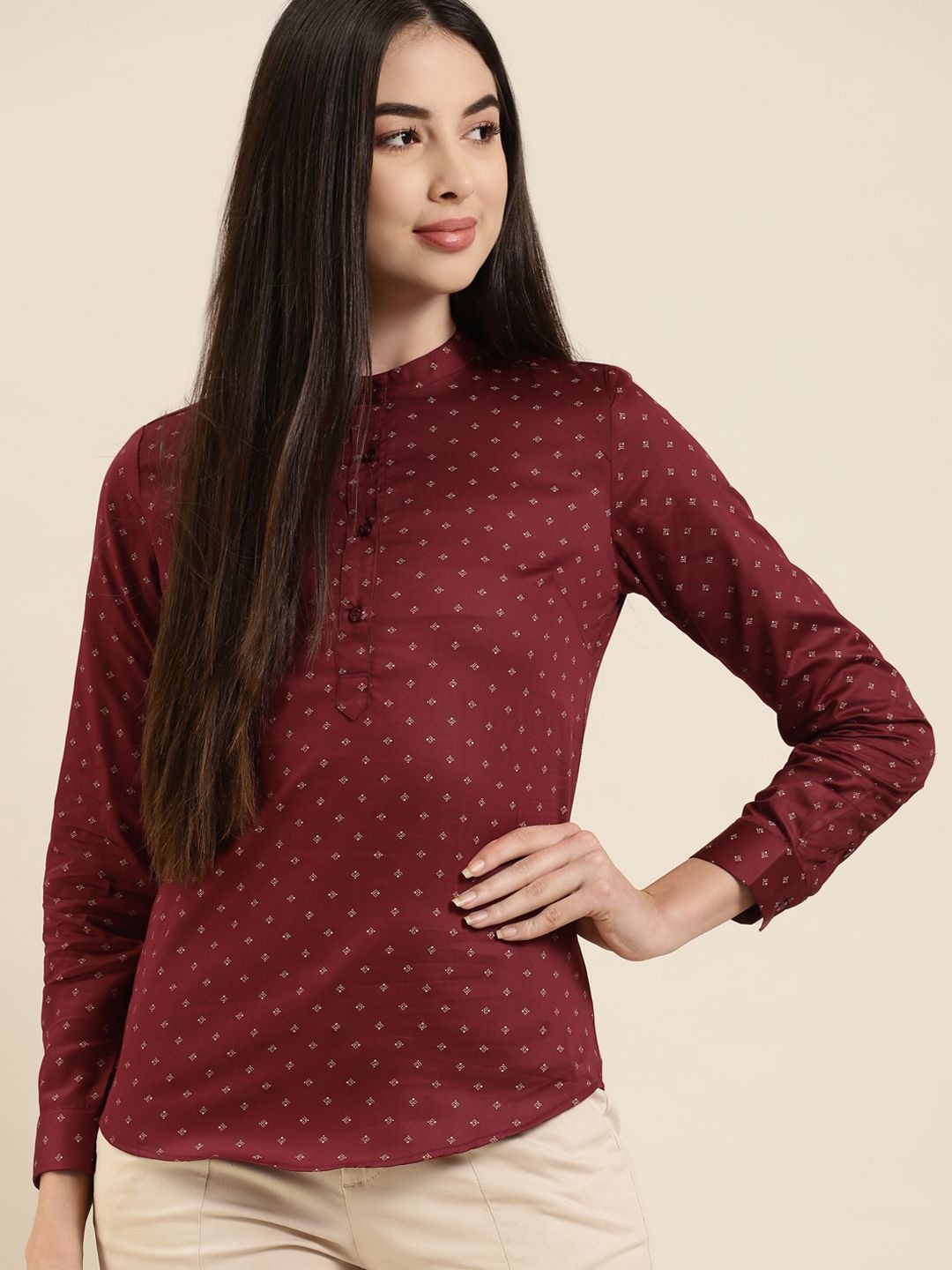 

Hancock Women Abstract Printed Mandarin Collar Cotton Top, Maroon