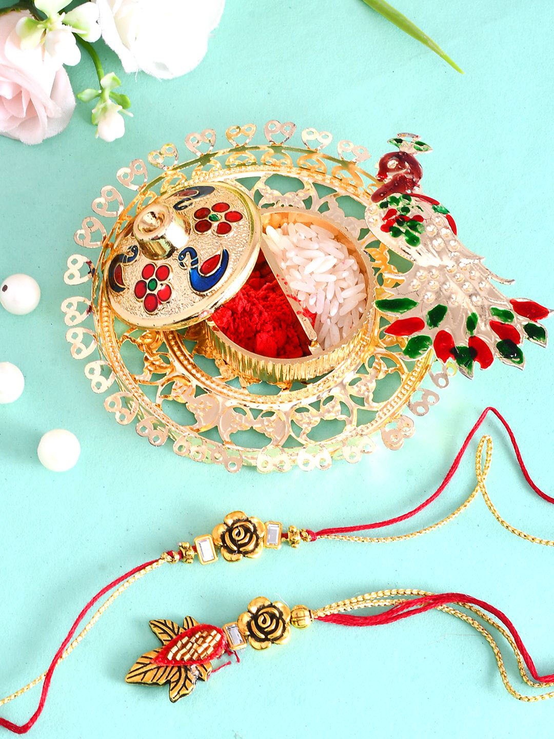 

Aapno Rajasthan Bhaiya Bhabhi Rakhis With Filigree Work Pooja Thali and Roli Chawal, Gold