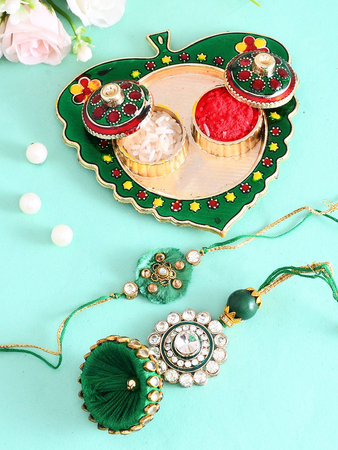 

Aapno Rajasthan Set of 2 Beaded Bhaiya Bhabhi Rakhi With Pooja Thai And Roli Chawal, Green
