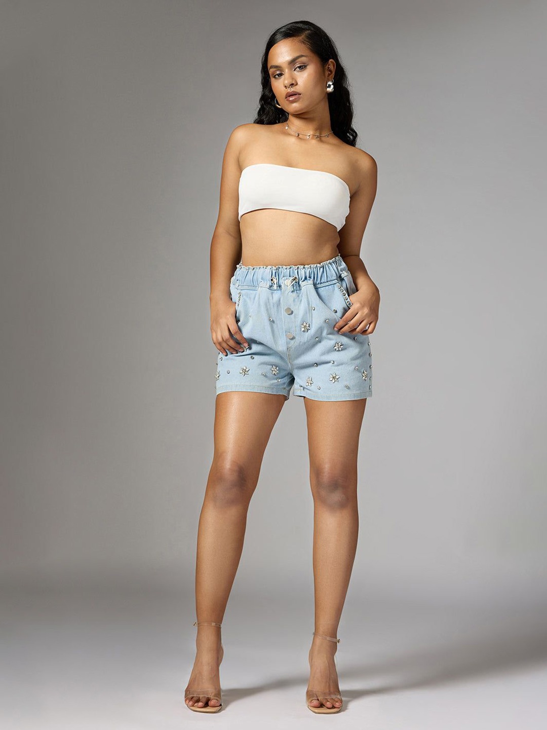 

FREAKINS Women Embellished High-Rise Denim Shorts, Blue