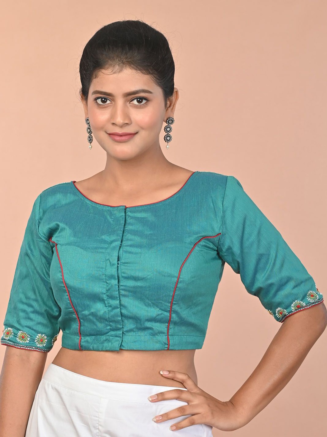 

tantkatha Embroidered Padded Saree Blouse, Turquoise blue