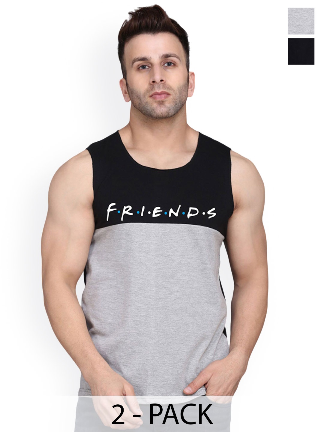 

SLOWLORIS Pack Of 2 Printed Gym Innerwear Vests SL26 COMBO (LOUD BLACK) (FRD BLKGRY)