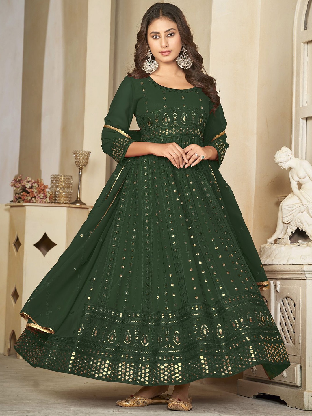

Warthy Ent Floral Embroidered Sequinned Semi-Stitched Dress Material, Green