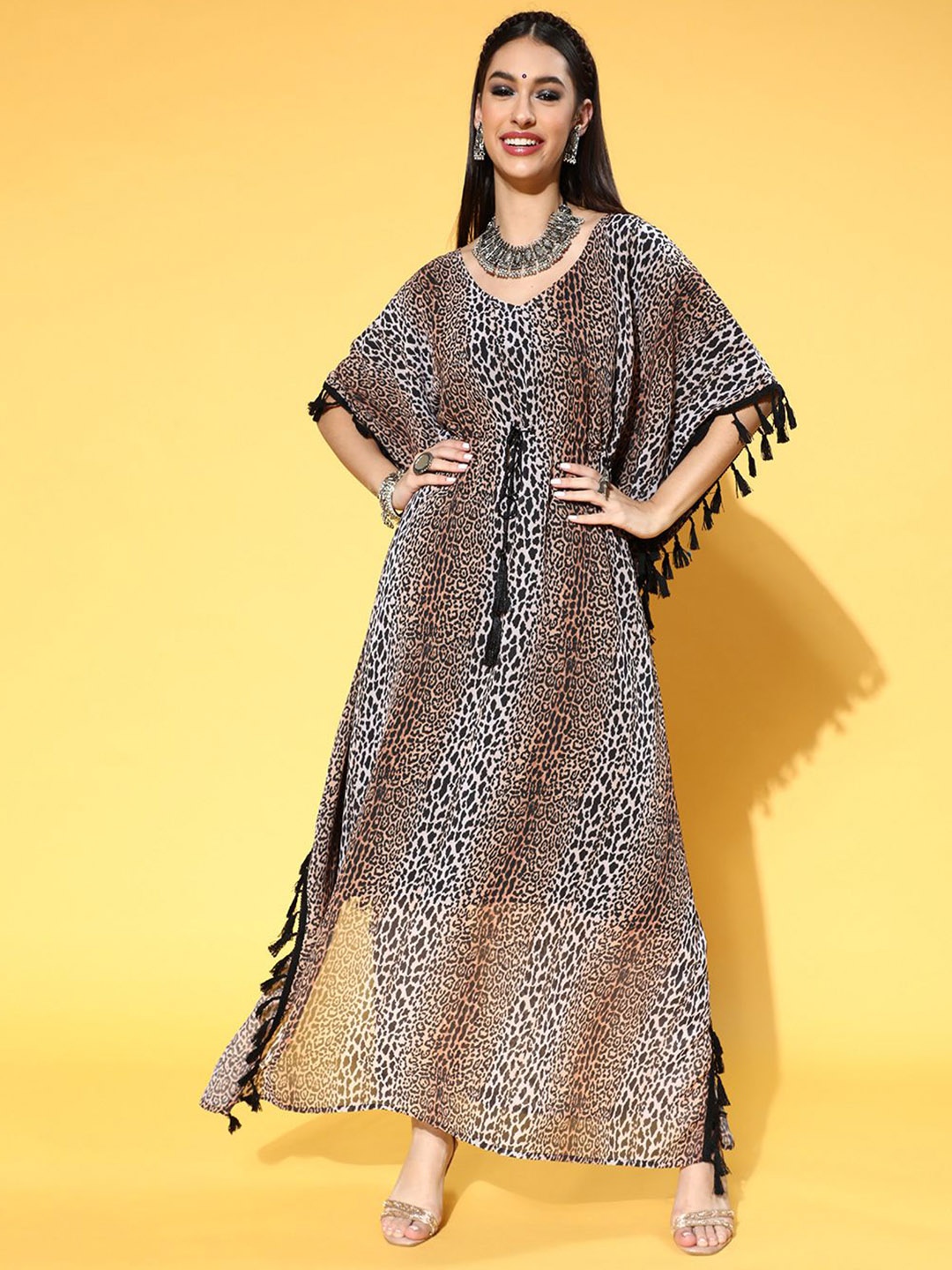 

ZIYAA Animal Printed Flared Sleeves Georgette Kaftan Kurta, Brown