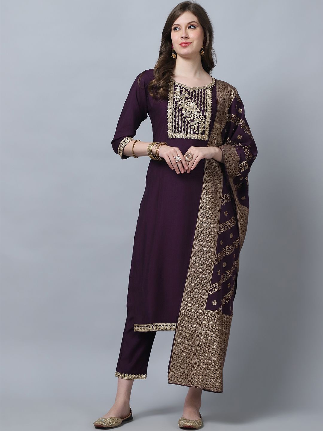 

KALINI Ethnic Motifs Embroidered Pure Silk Kurta with Trousers & Dupatta, Maroon