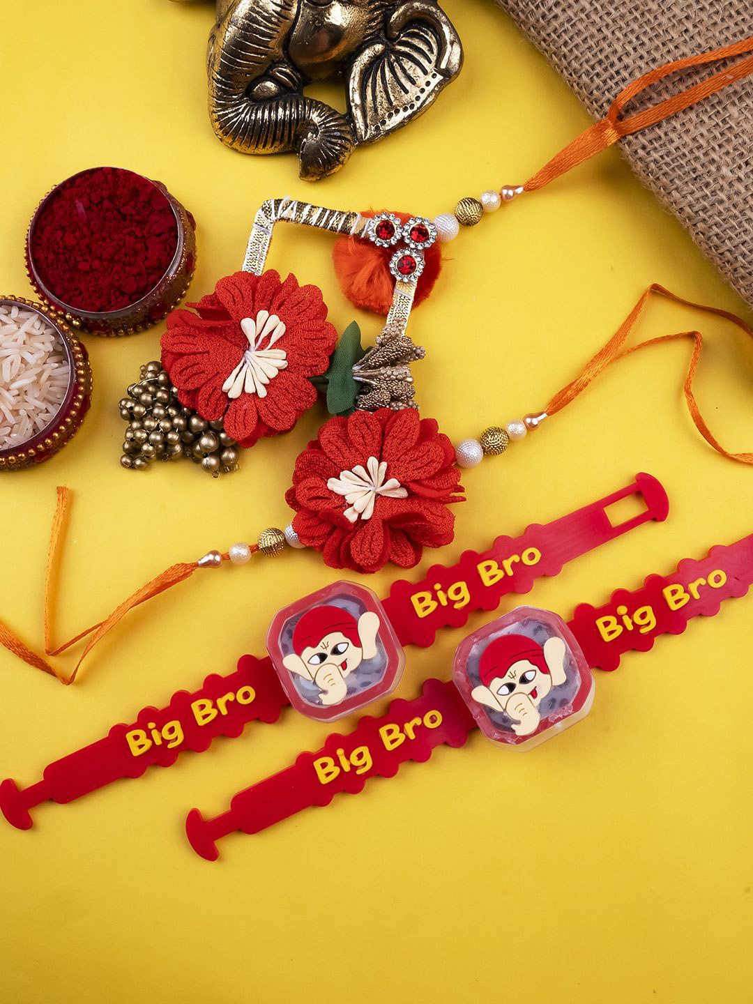 

StileAdda Set Of 3 Bhaiya Bhabhi & Big Bro Rakhis With Roli Chawal, Red