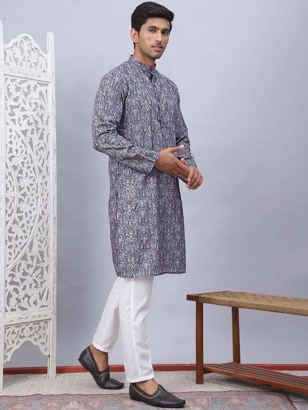 

Anouk Grey Paisley Printed Band Collar Straight Kurta With Pyjama