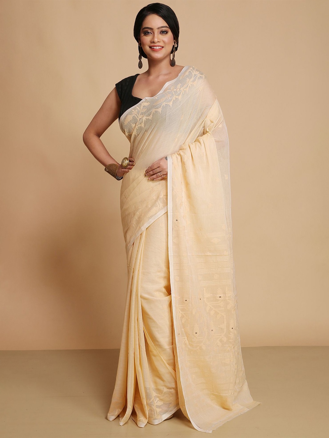 

WoodenTant Ethnic Motifs Pure Cotton Handloom Jamdani Cream Saree