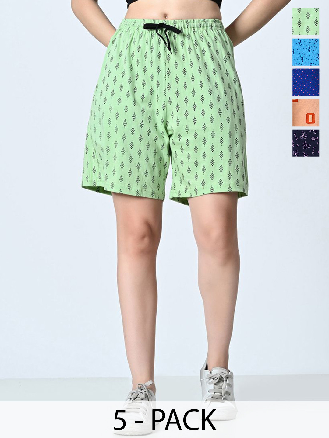 

BAESD Women Pack of 5 Printed Pure Cotton High-Rise Regular fit Shorts, Green
