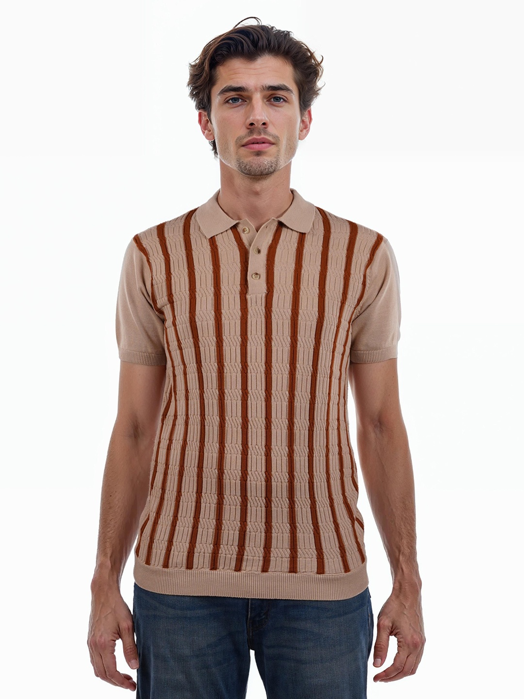 

Celio Men Striped Polo Collar Cotton T-Shirt, Brown