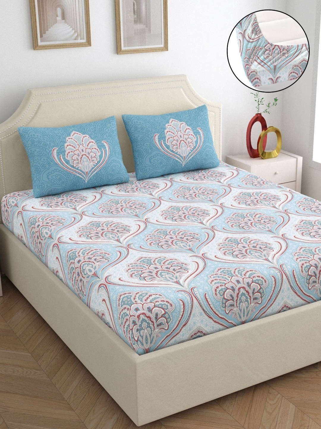 

Dreamscape Blue Ethnic Motifs 200TC King Fitted Bedsheet with 2 Pillow Covers