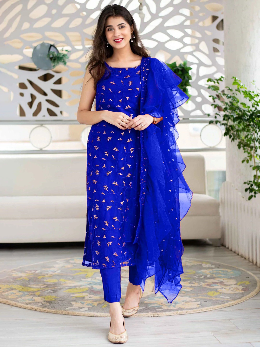 

KALINI Floral Embroidered Sequinned Semi-Stitched Dress Material, Blue