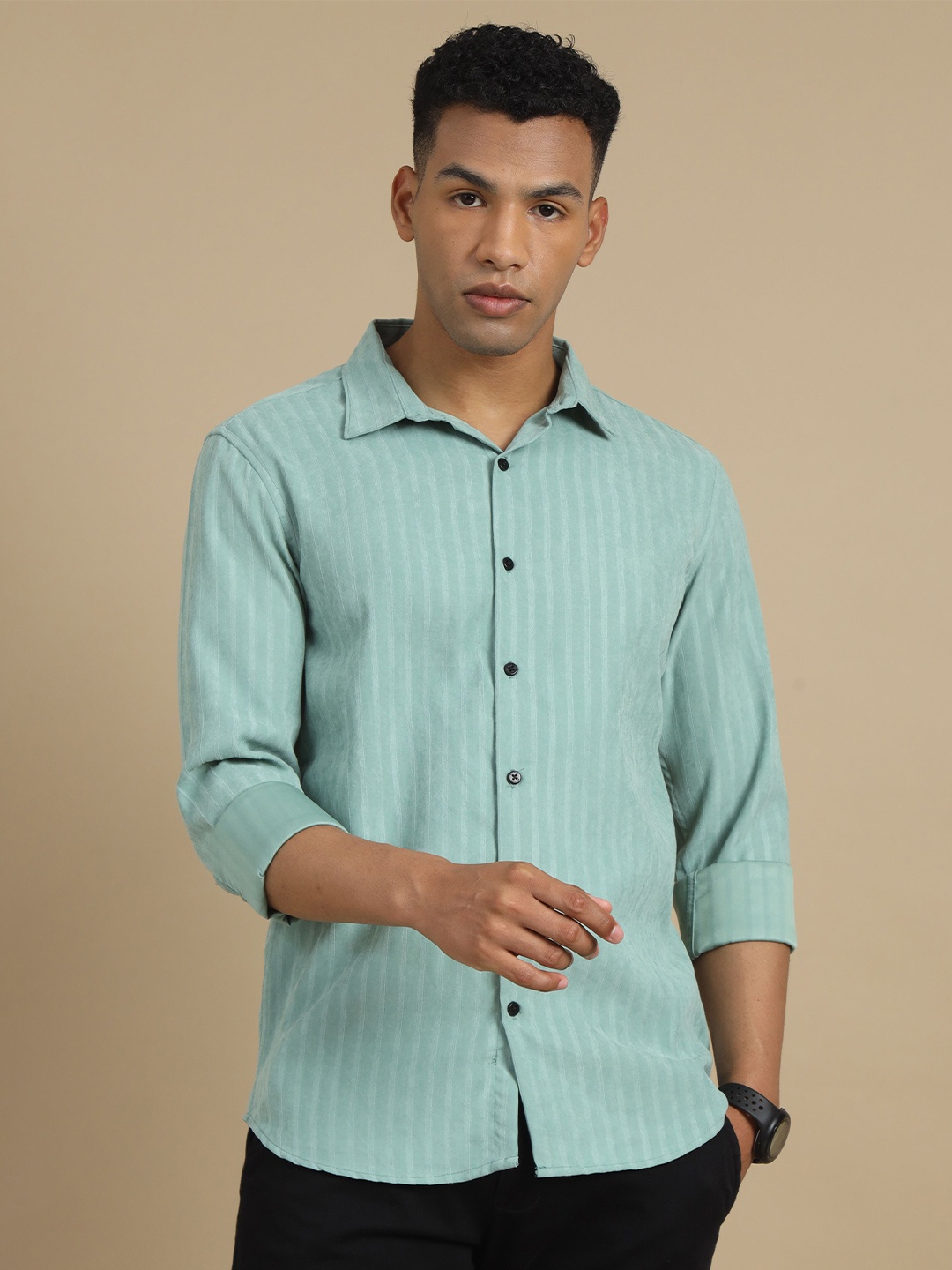 

Bushirt Men Classic Spread Collar Striped Cotton Party Shirt, Green
