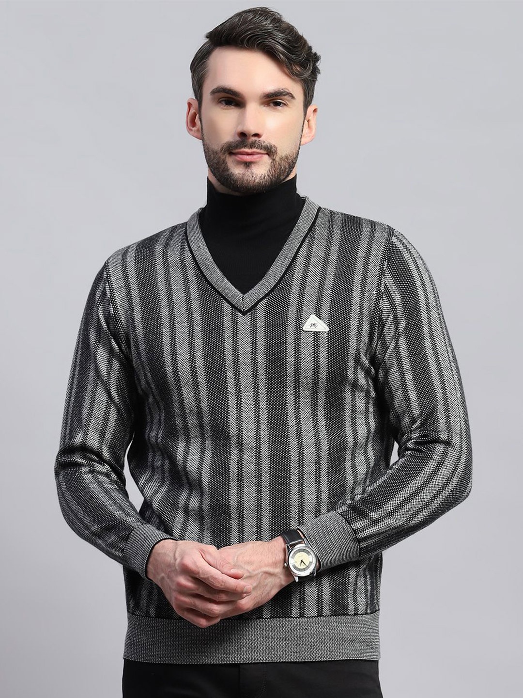 

Monte Carlo Men Striped Woollen Pullover, Black