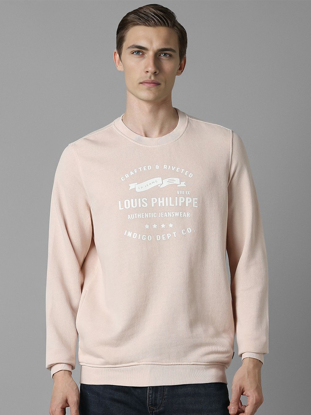 

Louis Philippe Jeans Men Typography Printed Cotton Sweatshirt, Peach