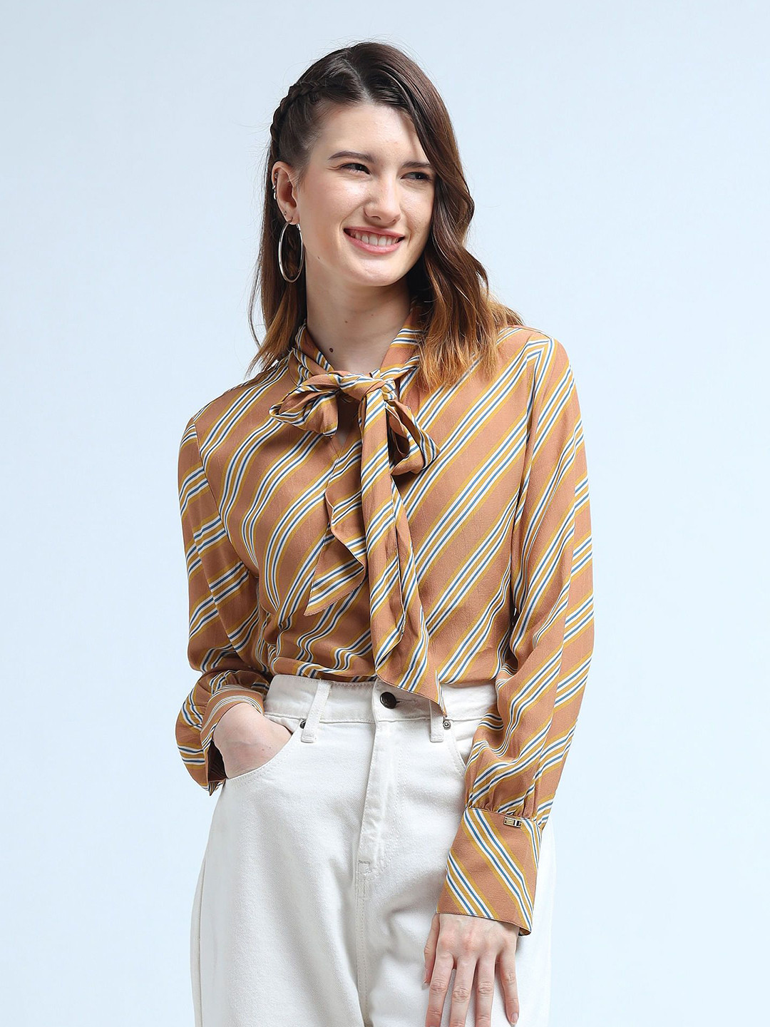 

U.S. Polo Assn. Women Striped Tie-Up Neck Top, Beige
