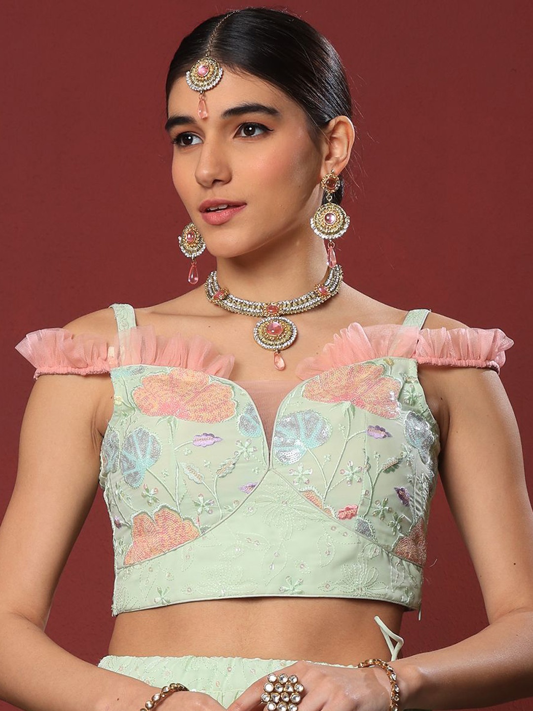 

Ethnovog Embroidered Sequinned Saree Blouse, Green