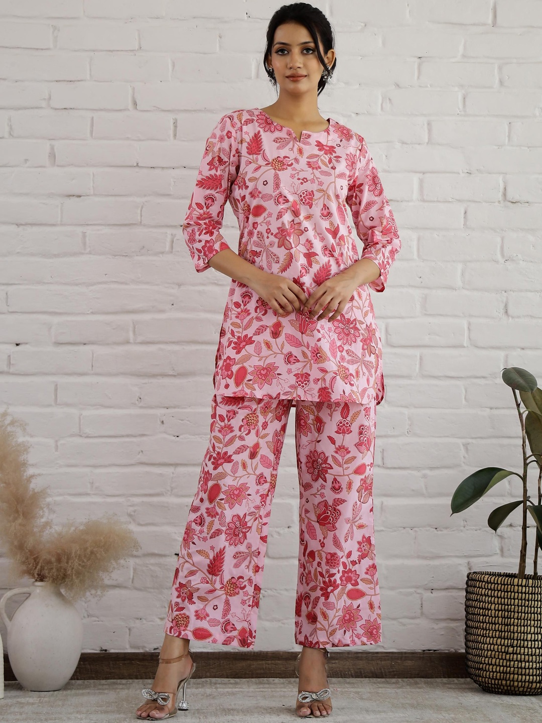 

FLAVIA CREATION Floral Printed Pure Cotton Tunic With Trouser, Pink