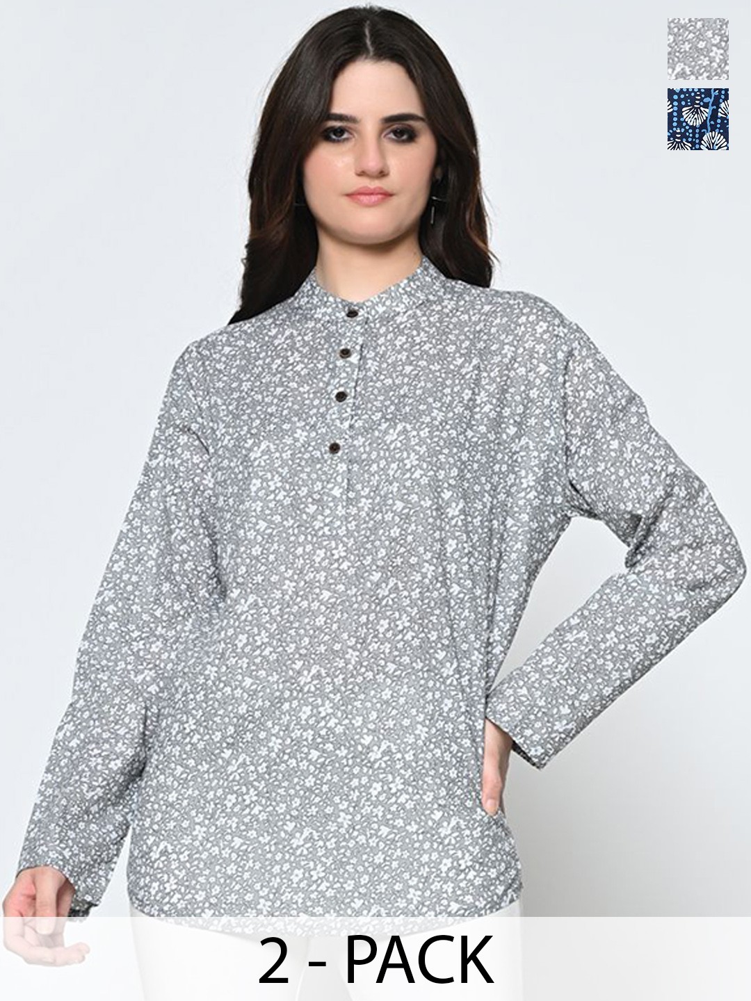 

BAESD Selection Of 2 Floral Printed Band Collar Pure Cotton Kurta, Grey