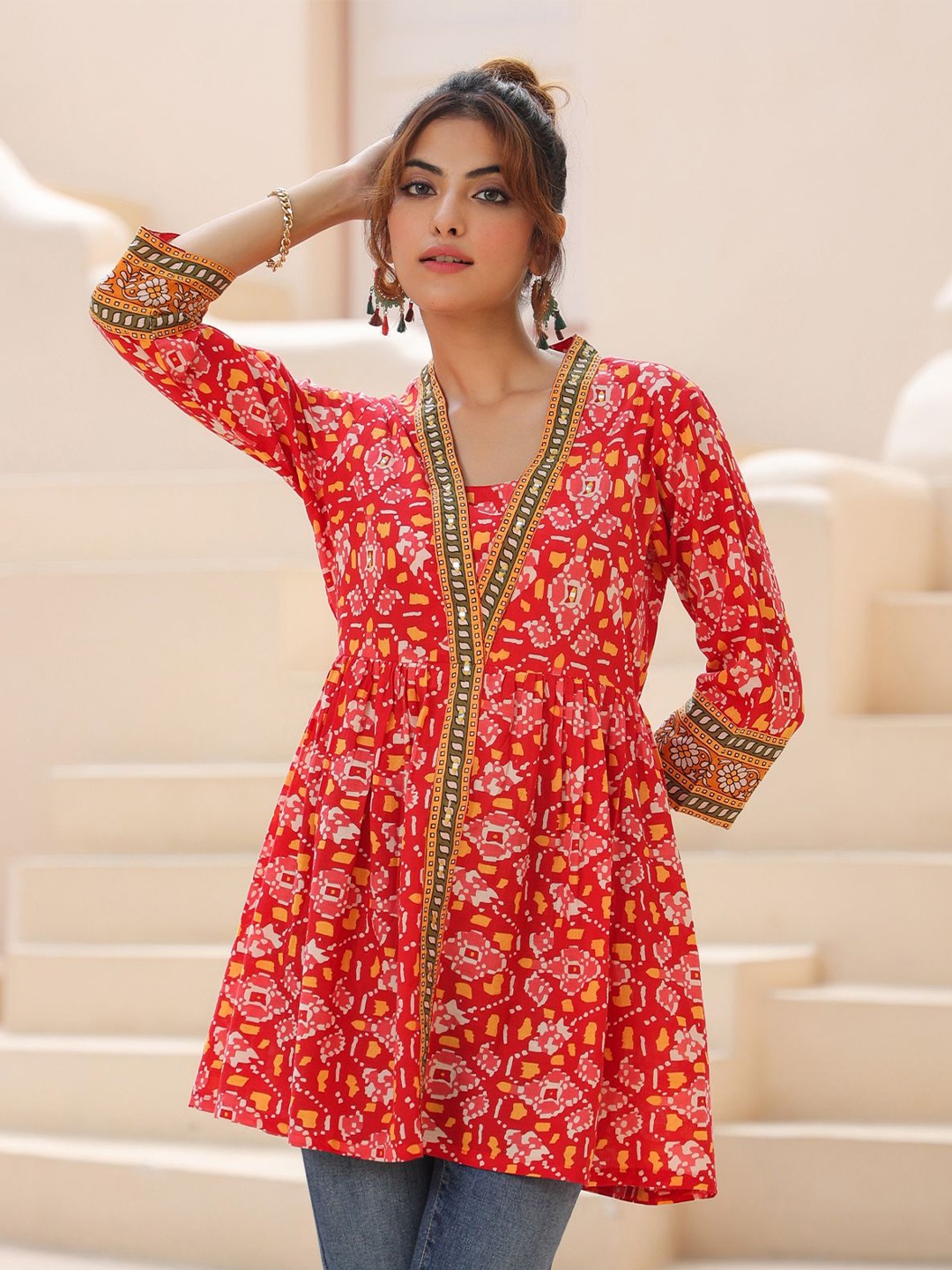 

Rain & Rainbow Floral Printed Cotton Empire Longline Top, Red