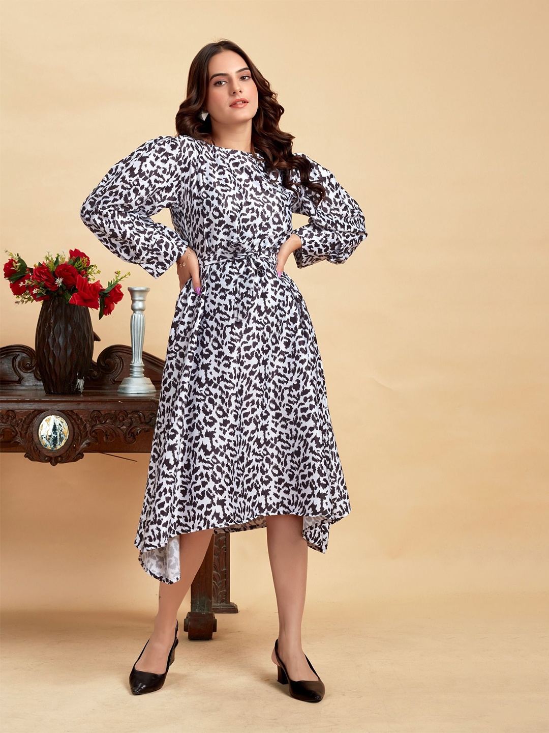 

ANAMSA Animal Print A-Line Midi Dress, Black