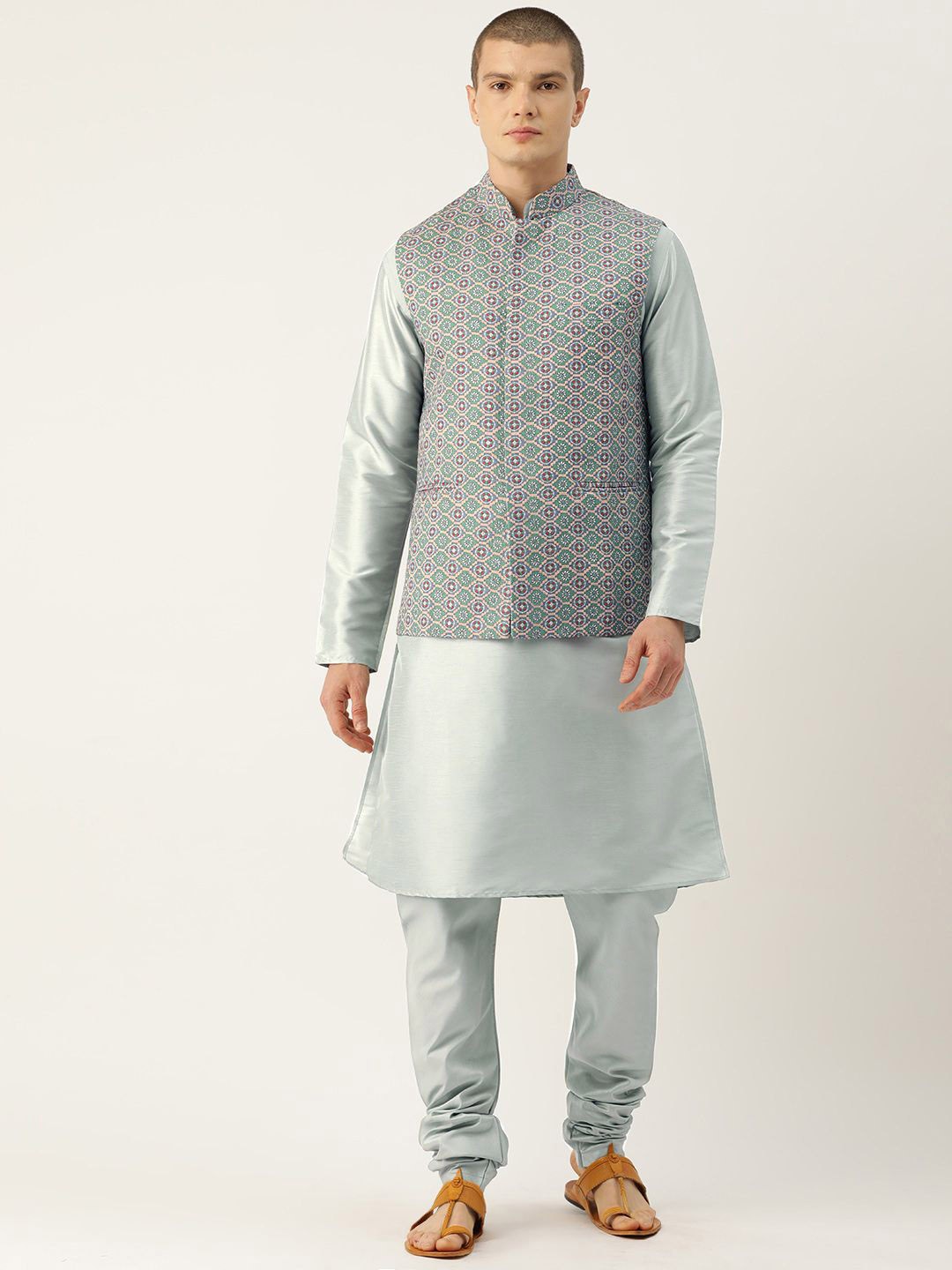 

Sayisha Printed Silk Nehru Jacket, Blue